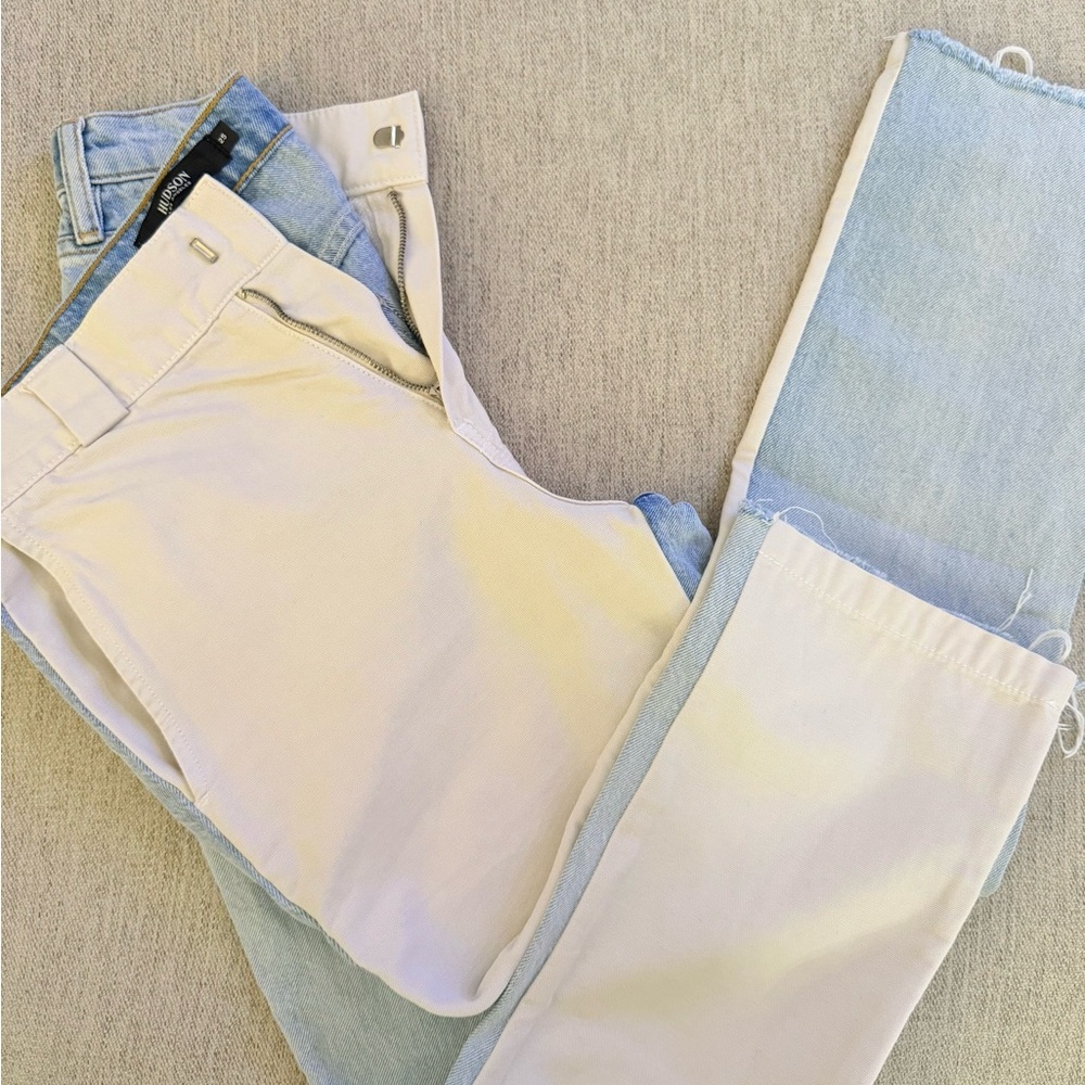 Hudson Jeans Two-Tone Straight Leg Jeans — Light Blue & White Panels